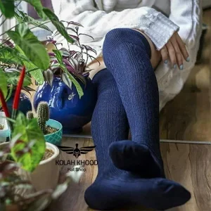 جوراب ساقدار بالا زانو طرح بافت سورمه ای